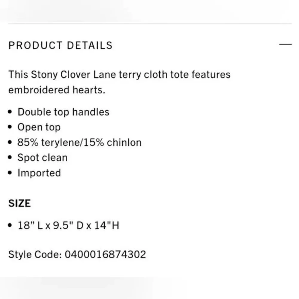 NWT Stoney Clover Lane Hearts Embroidered Terry Zip Top Tote Seashell